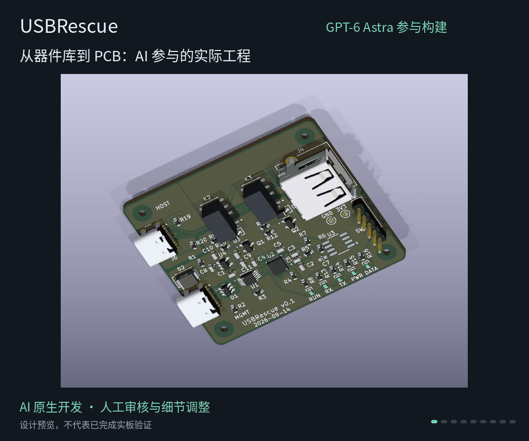 USBRescue 项目预览:器件库、工程规范、原理图、PCB 与真实 KiCad 3D 视图。